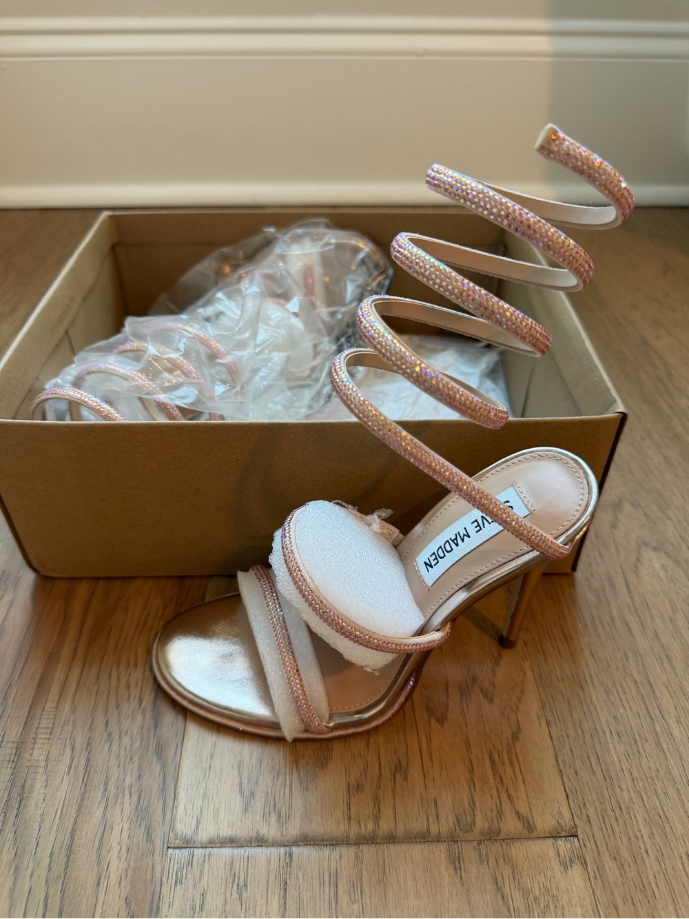 Steve Madden Rose Gold Spiral Strap Heels with Pink Rhinestone Detail - Picture 2 of 5